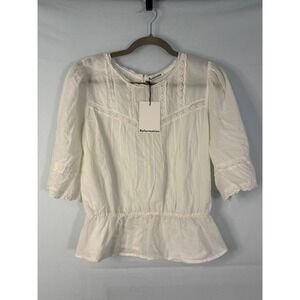 Reformation Peplum Blouse Women L White NEW Lace Trim Cotton Puff 3/4 Sleeve